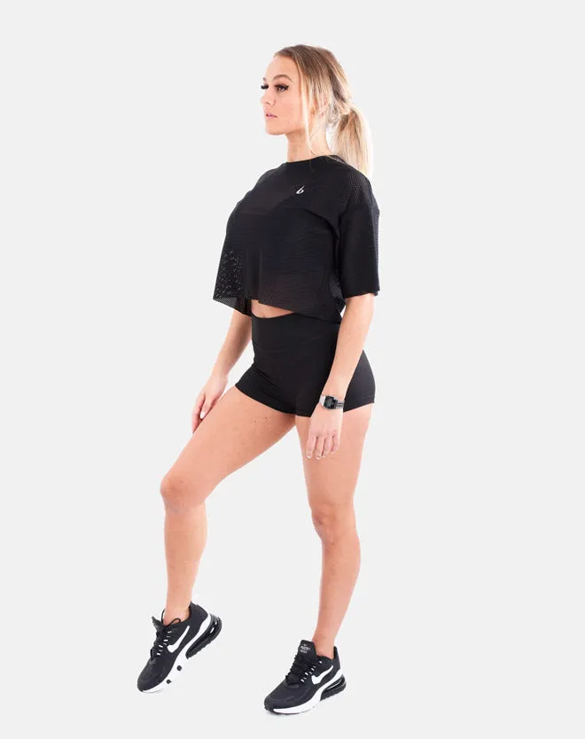 Oversized Mesh Crop Tee - Black