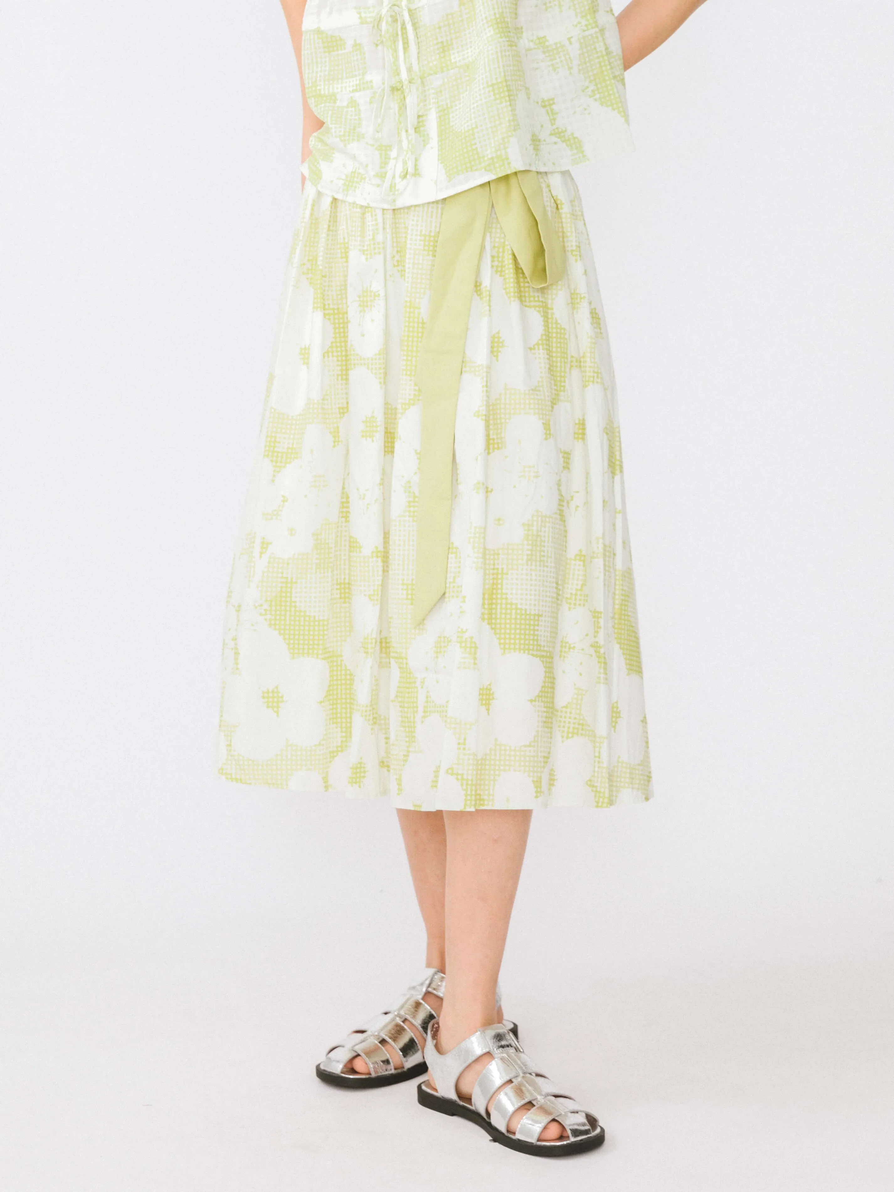 Plaid and Floral A-line Midi Cotton Skirt