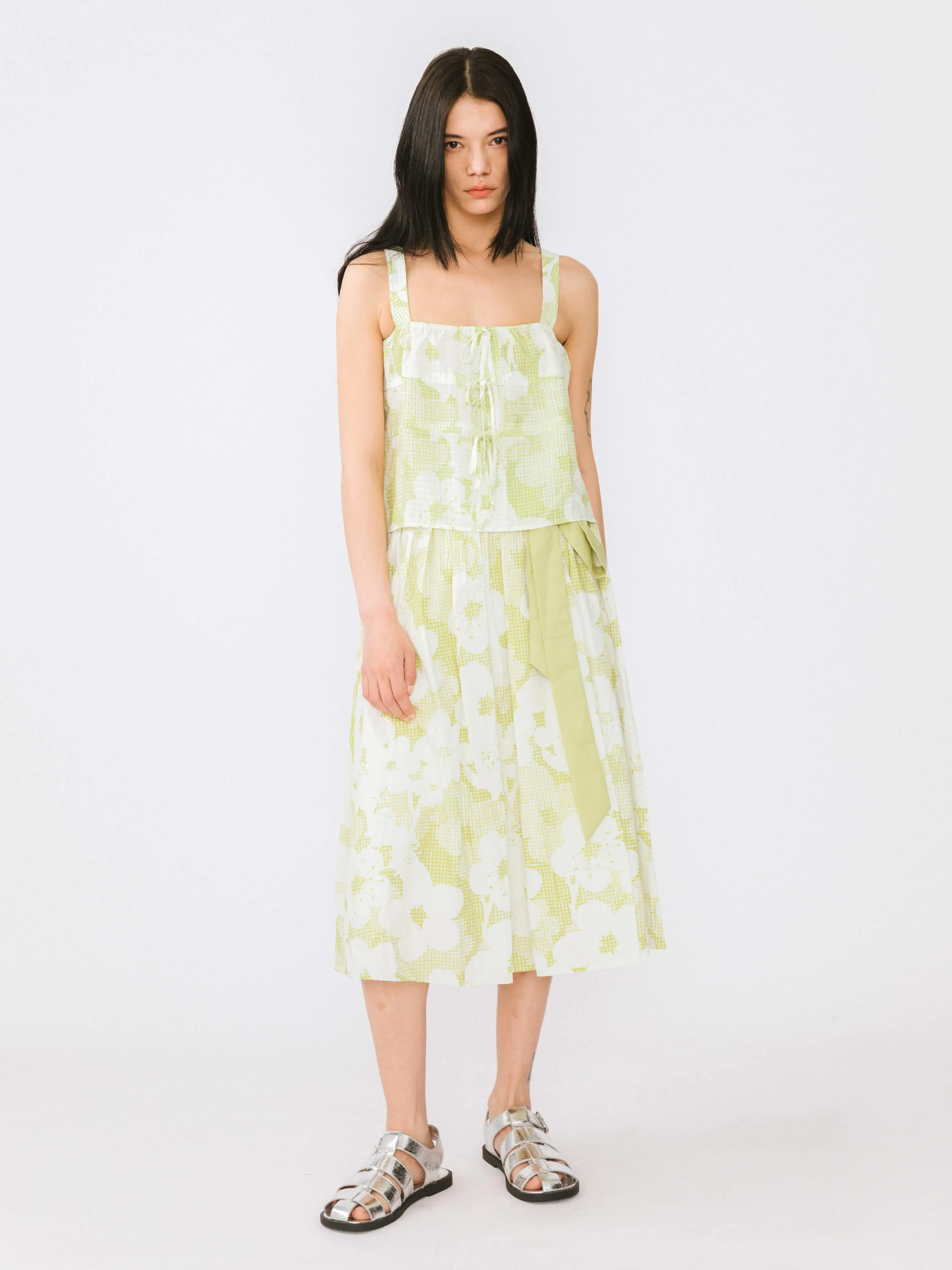 Plaid and Floral A-line Midi Cotton Skirt