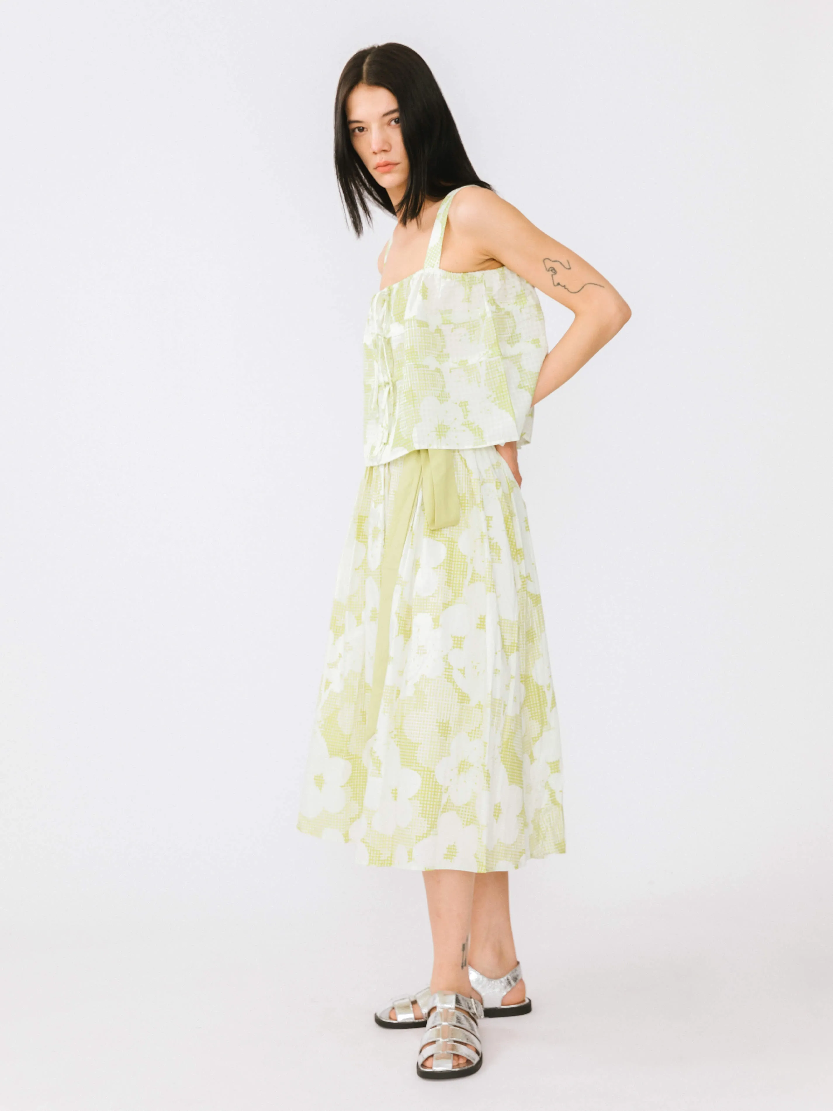 Plaid and Floral A-line Midi Cotton Skirt