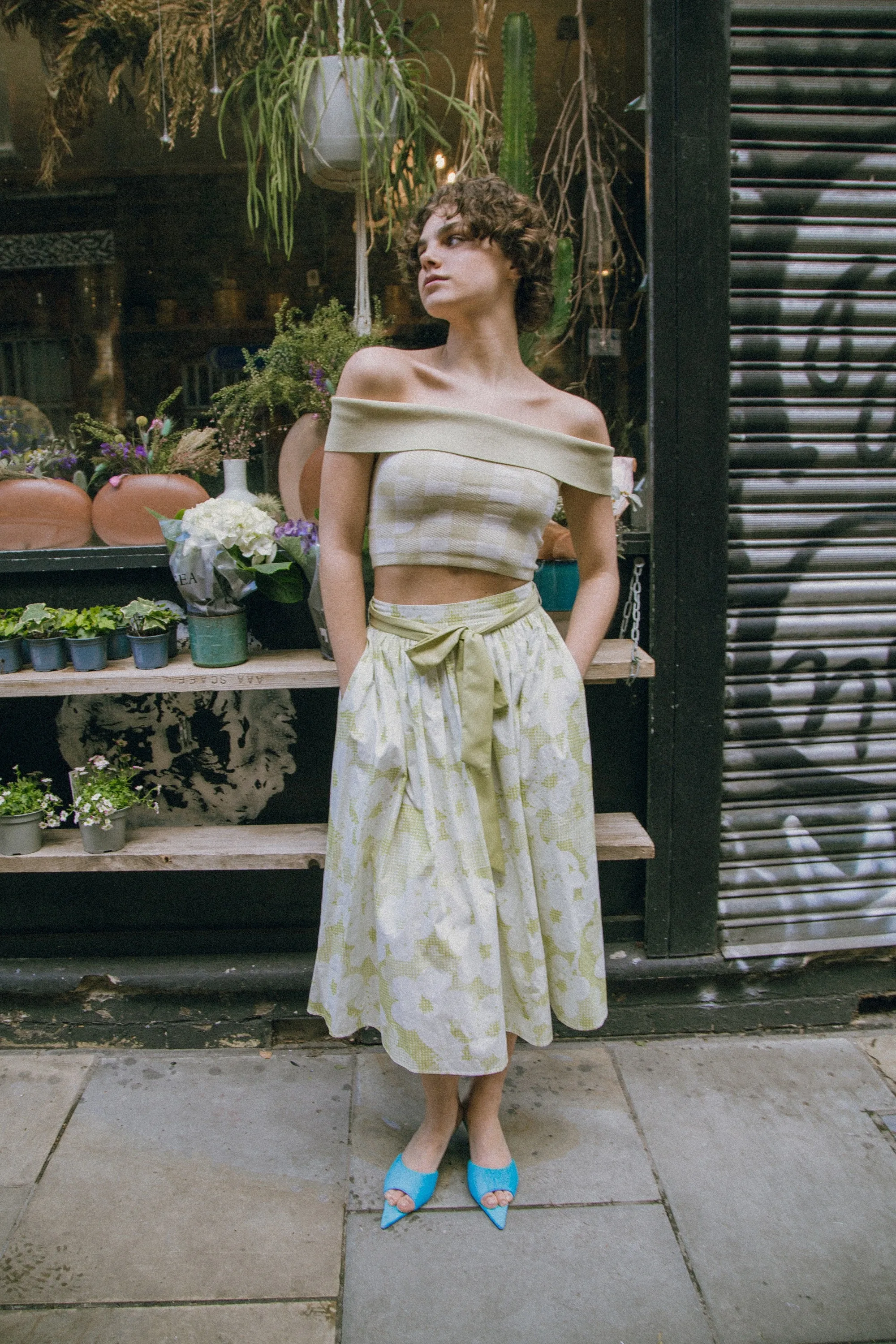 Plaid and Floral A-line Midi Cotton Skirt