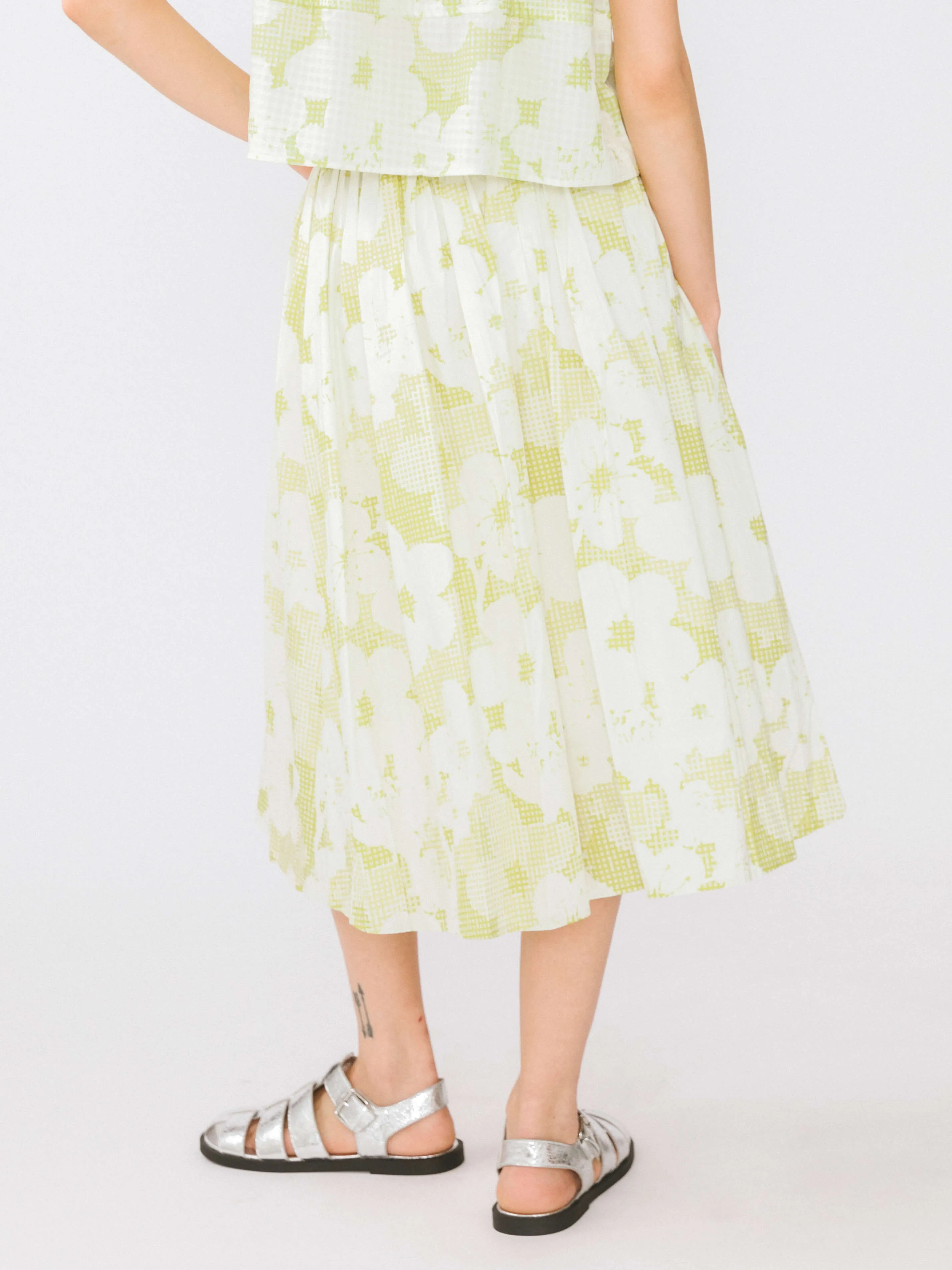 Plaid and Floral A-line Midi Cotton Skirt