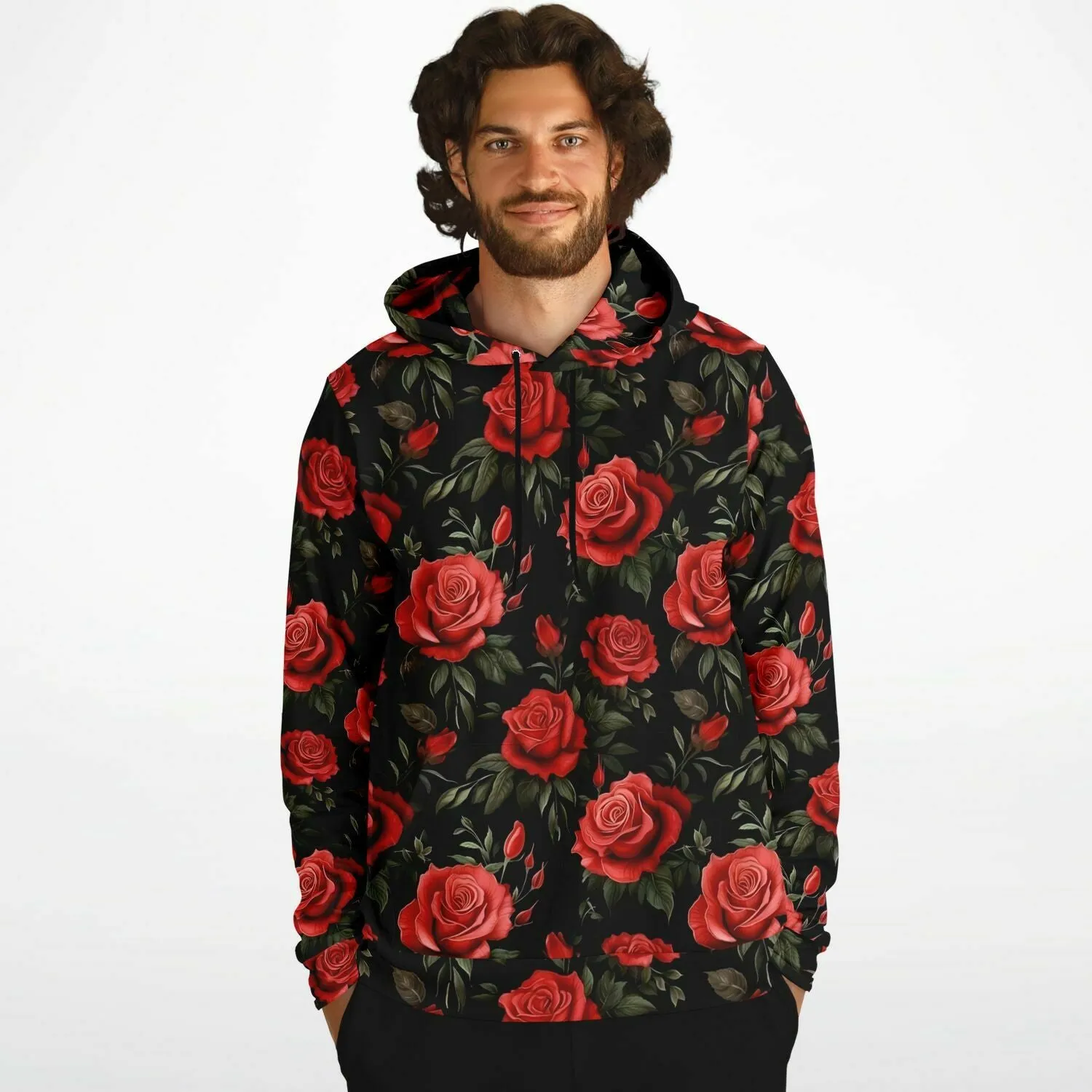 Red Roses Hoodie, Black Floral Flowers Pullover Men Women Adult Aesthetic Graphic Cotton Hooded Sweatshirt with Pockets