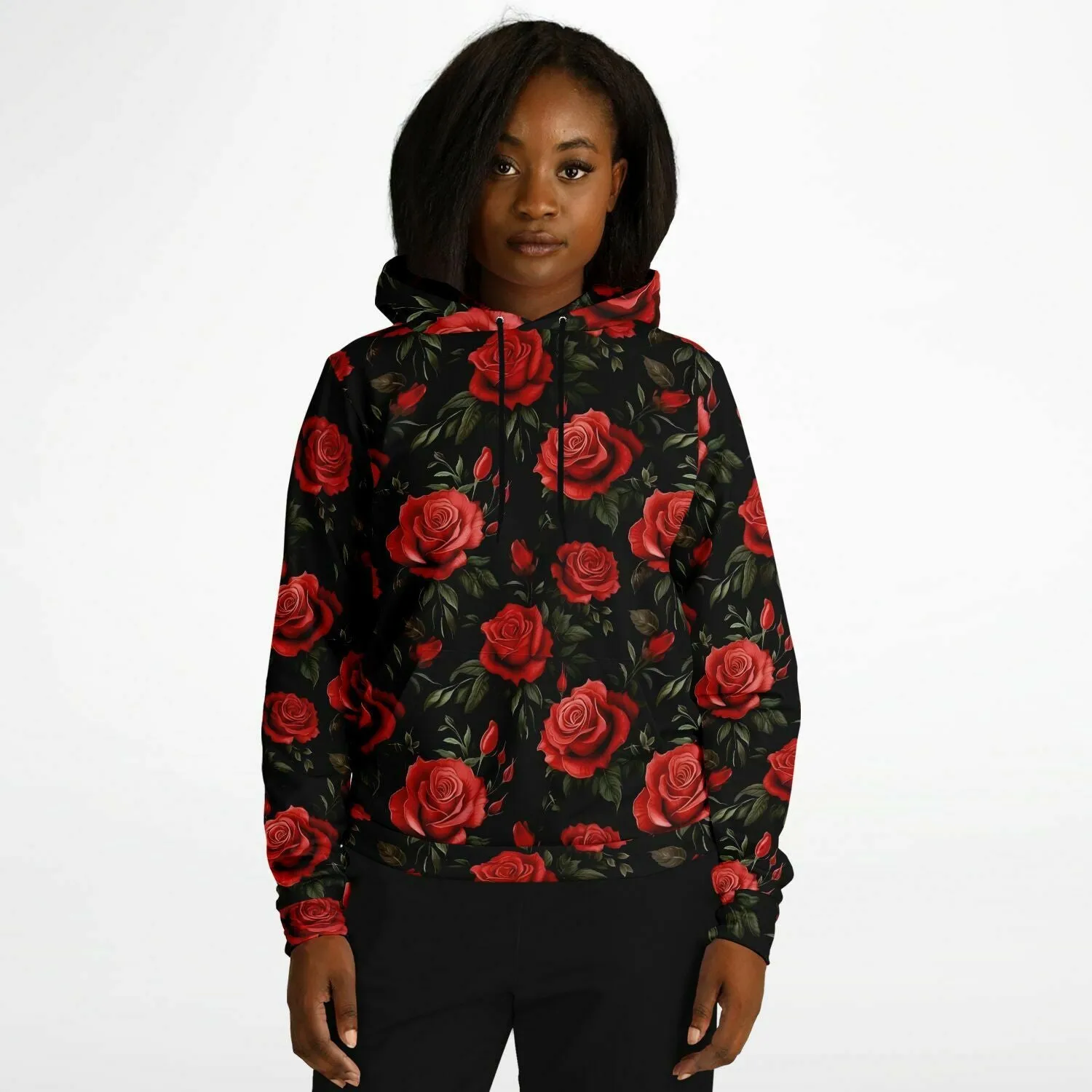 Red Roses Hoodie, Black Floral Flowers Pullover Men Women Adult Aesthetic Graphic Cotton Hooded Sweatshirt with Pockets