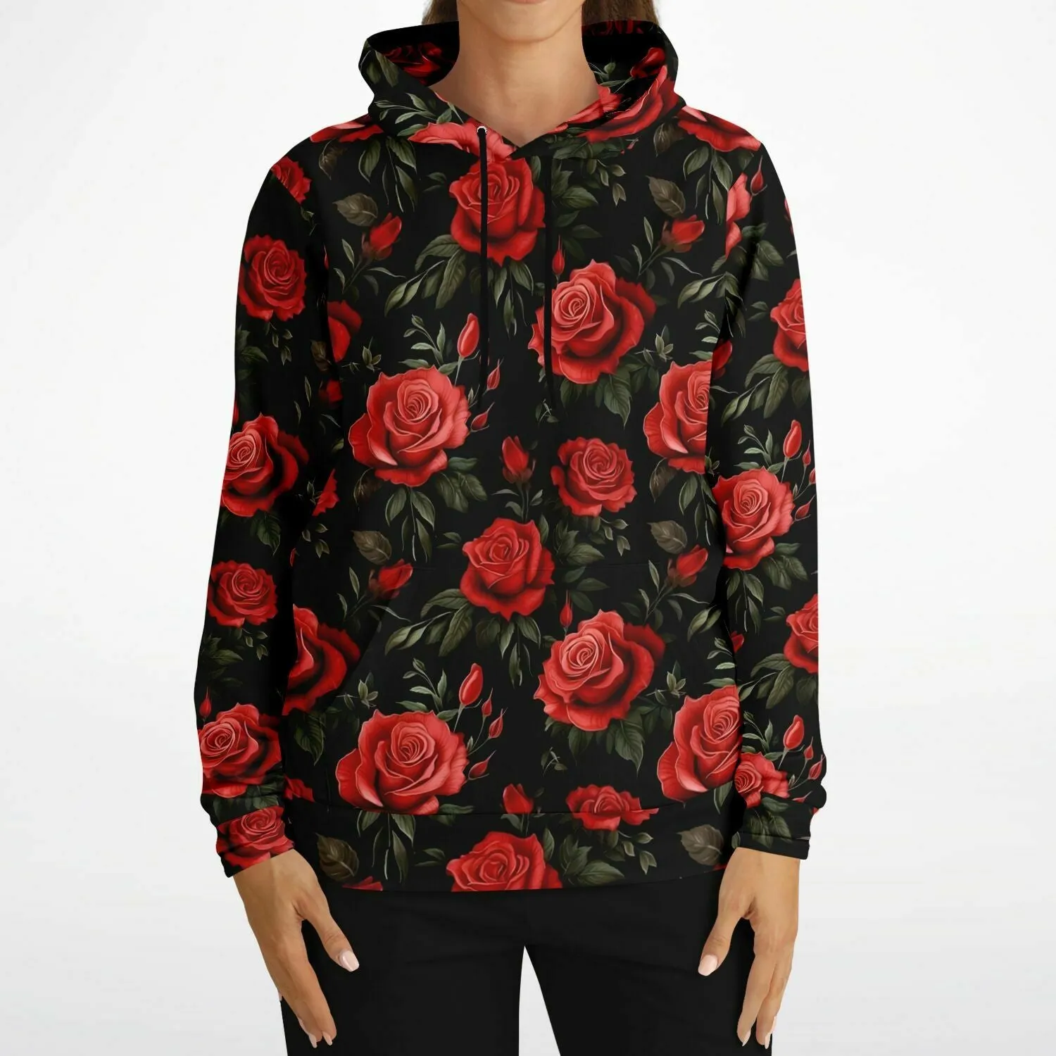 Red Roses Hoodie, Black Floral Flowers Pullover Men Women Adult Aesthetic Graphic Cotton Hooded Sweatshirt with Pockets
