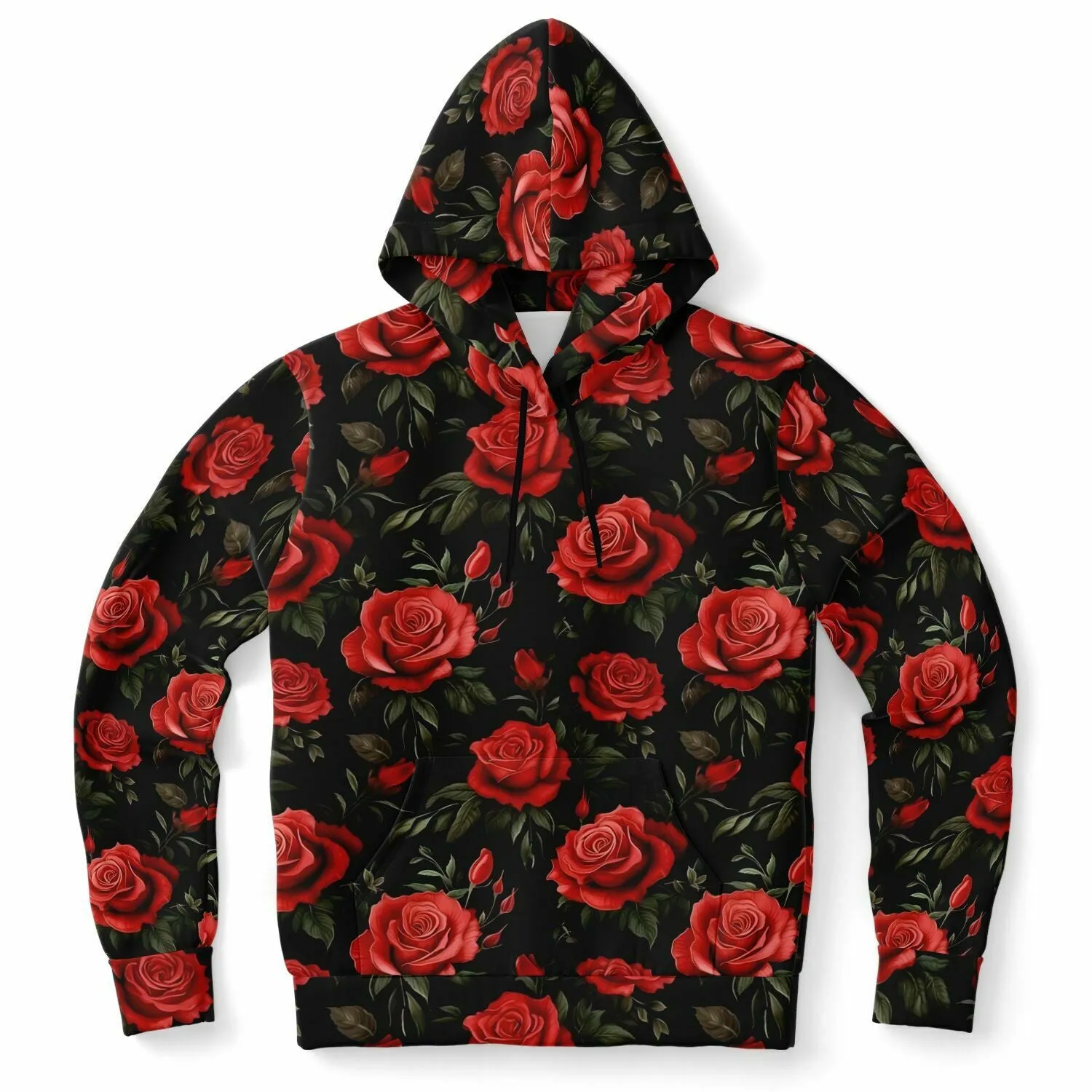 Red Roses Hoodie, Black Floral Flowers Pullover Men Women Adult Aesthetic Graphic Cotton Hooded Sweatshirt with Pockets