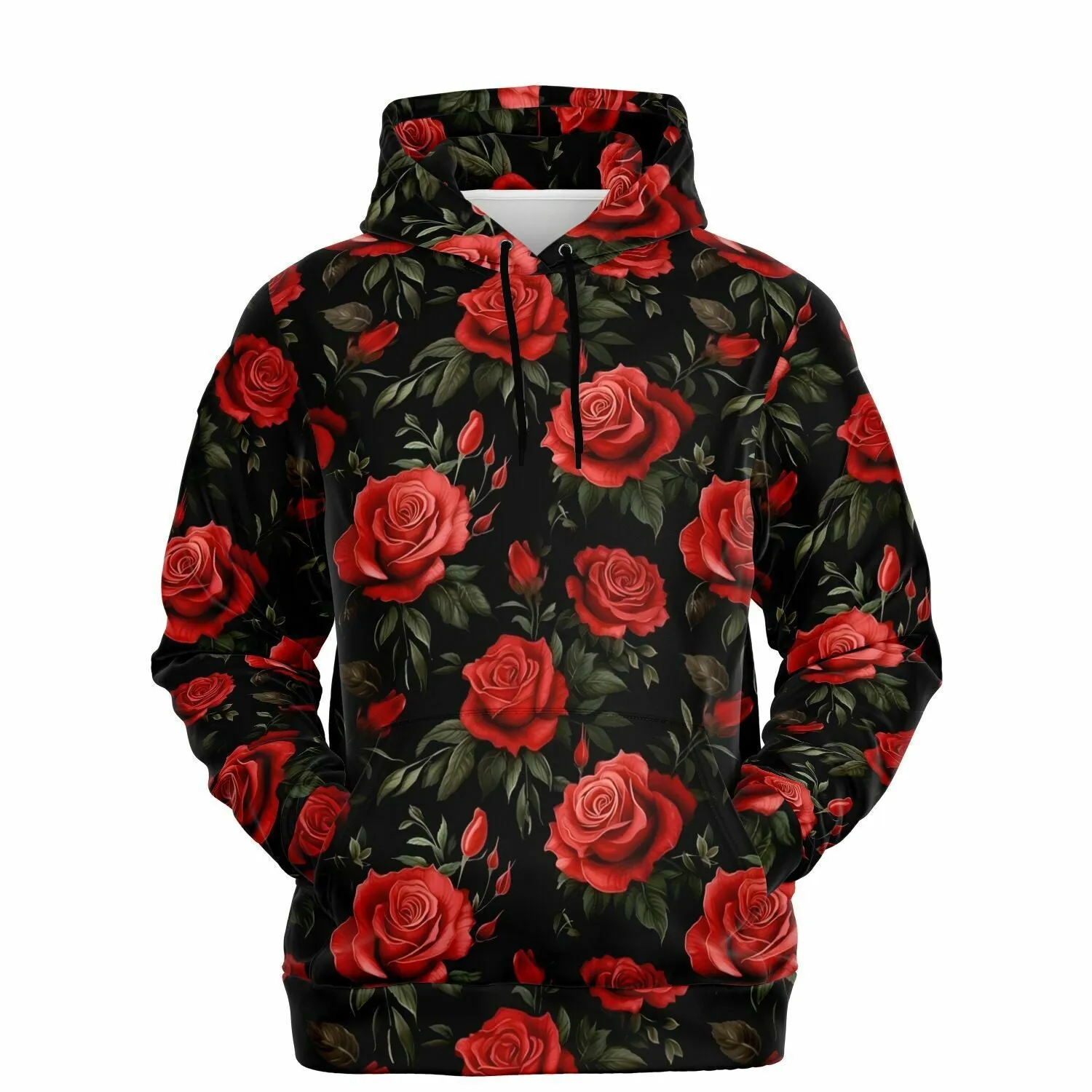 Red Roses Hoodie, Black Floral Flowers Pullover Men Women Adult Aesthetic Graphic Cotton Hooded Sweatshirt with Pockets