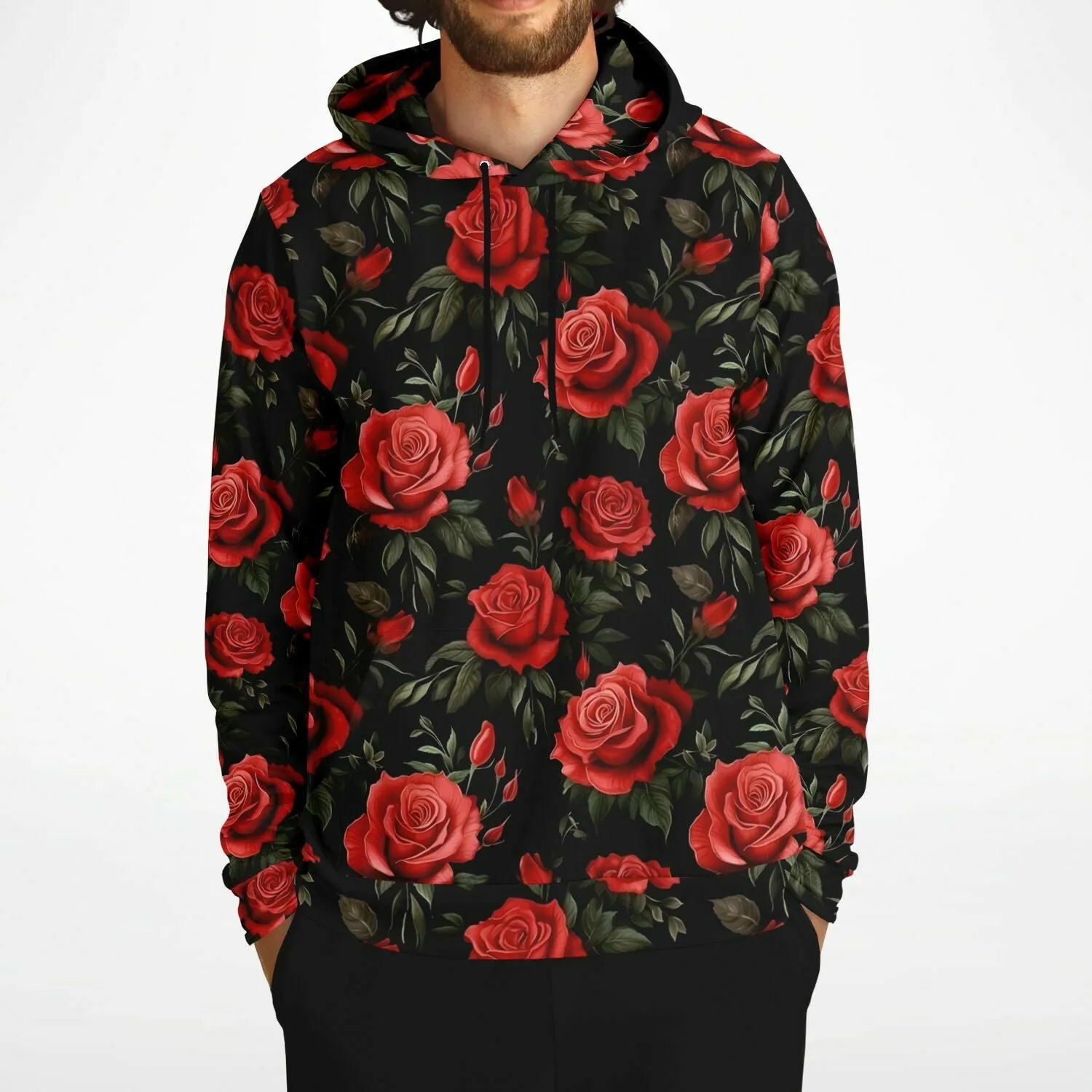 Red Roses Hoodie, Black Floral Flowers Pullover Men Women Adult Aesthetic Graphic Cotton Hooded Sweatshirt with Pockets
