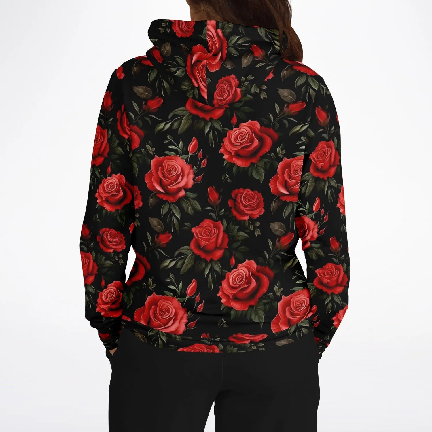 Red Roses Hoodie, Black Floral Flowers Pullover Men Women Adult Aesthetic Graphic Cotton Hooded Sweatshirt with Pockets