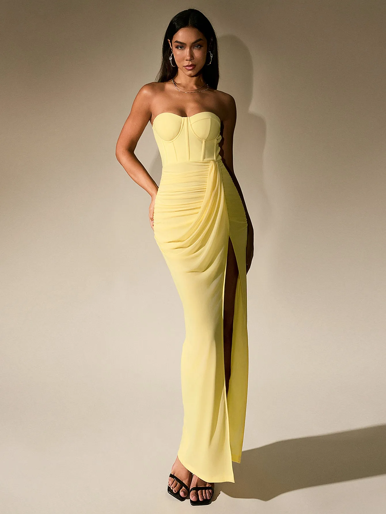 Ruched Corset Split Hem Mesh Tube Dress