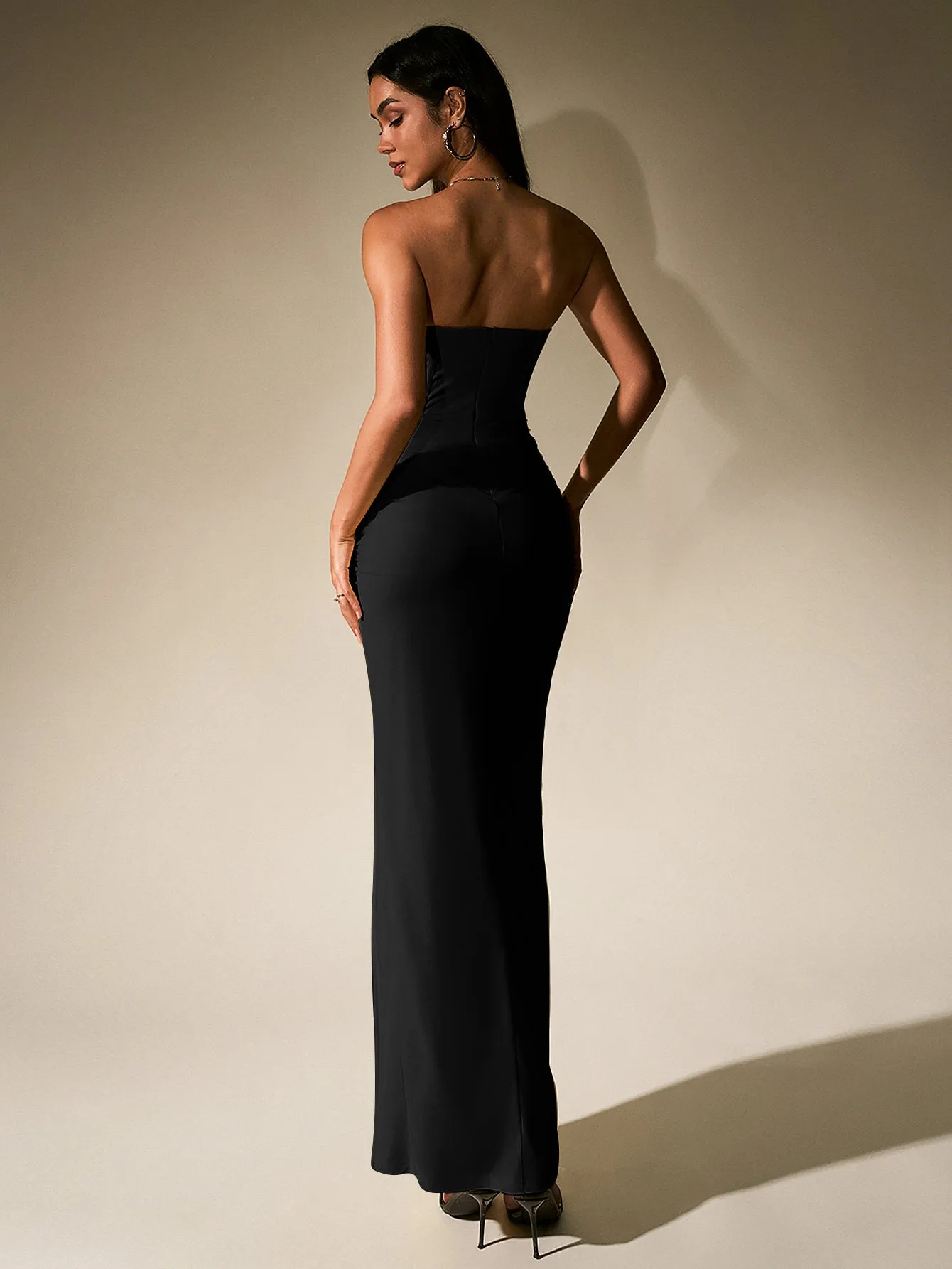 Ruched Corset Split Hem Mesh Tube Dress