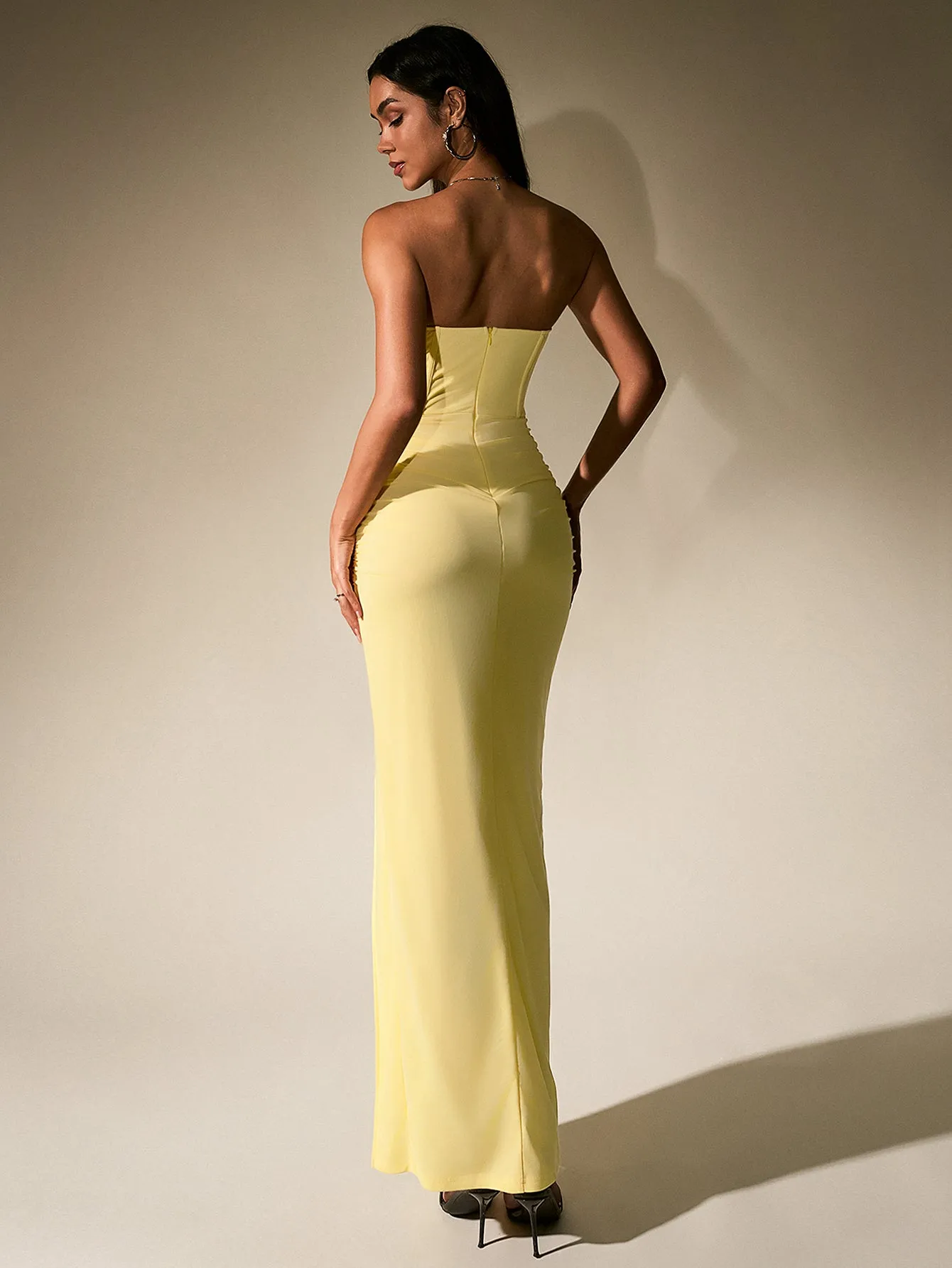 Ruched Corset Split Hem Mesh Tube Dress