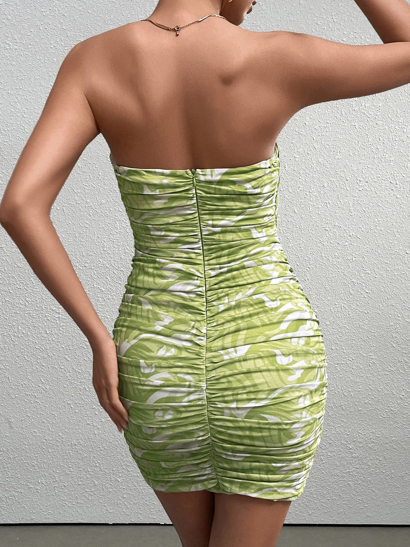 Ruched Mesh Floral Print Tube Dress