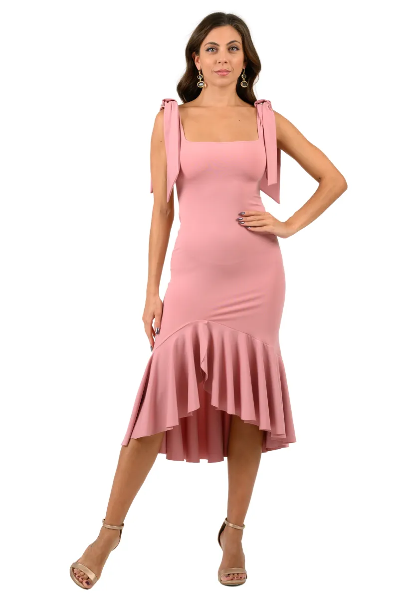 Ruffled Dance Dress With Decorative Bow Details (S) (Blush)