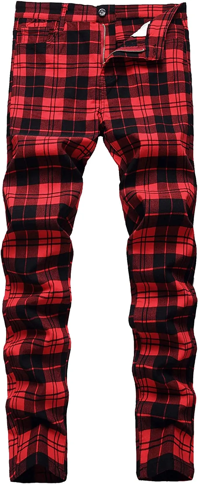 Stylish Men's Red & Back Plaid Flat Front Skinny Stretch Dress Pants
