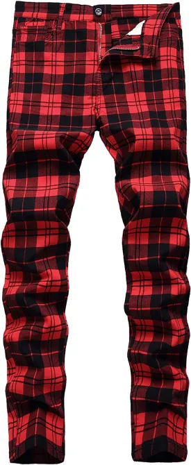 Stylish Men's Red & Back Plaid Flat Front Skinny Stretch Dress Pants