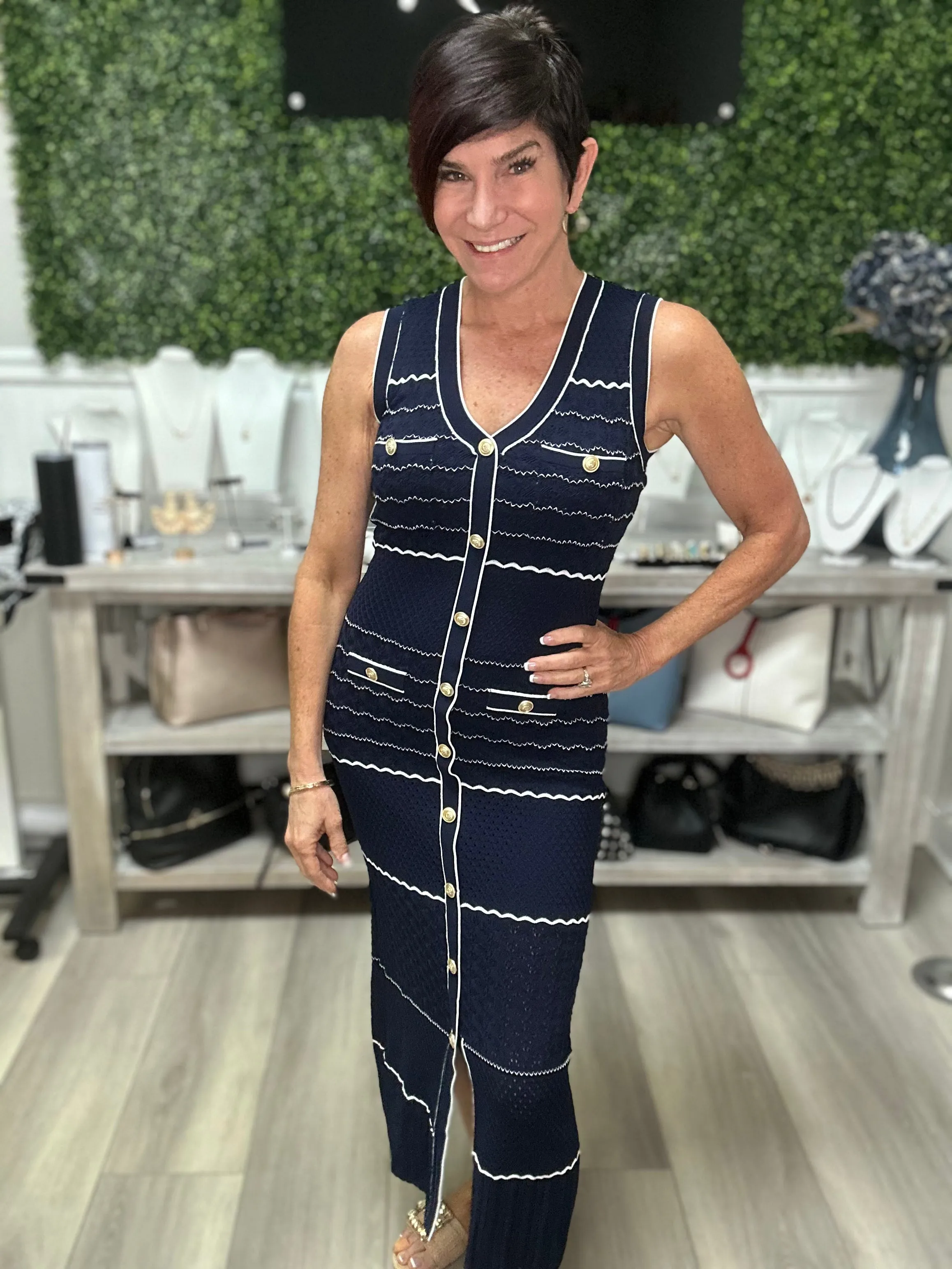 V-Neck Buttoned Down Knit Dress