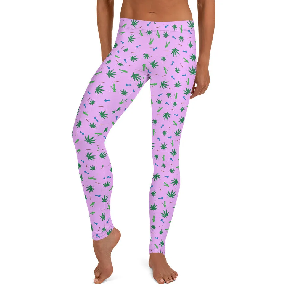Weed Leaf, Pipes, Blunts, Bongs, & Joints All Over Print Leggings - Pink