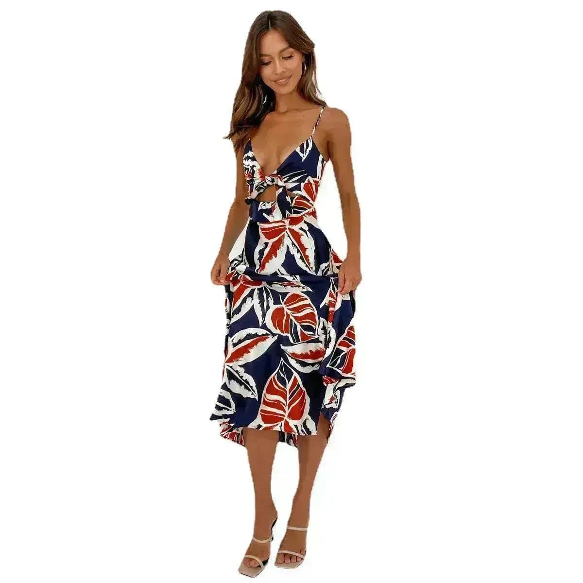 Women Sweet Tie-neck Split Sleeveless Floral Midi Dress