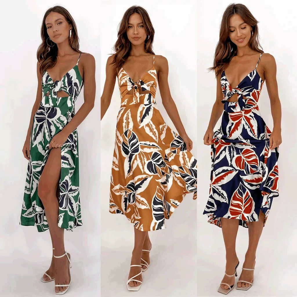 Women Sweet Tie-neck Split Sleeveless Floral Midi Dress