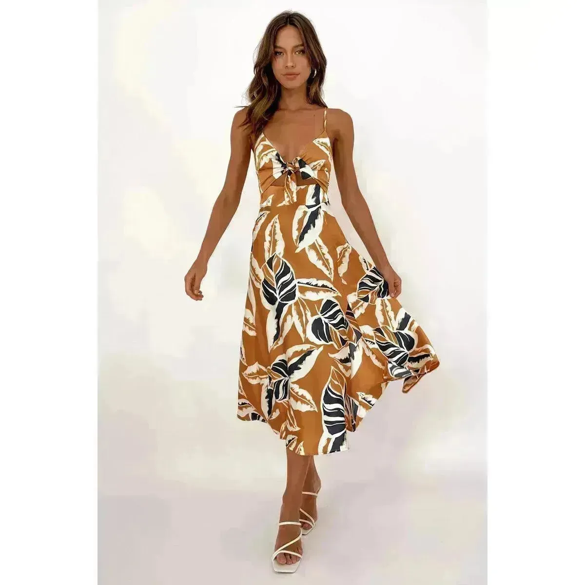 Women Sweet Tie-neck Split Sleeveless Floral Midi Dress