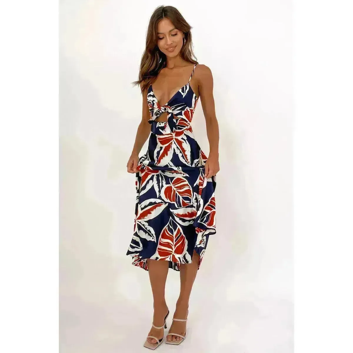 Women Sweet Tie-neck Split Sleeveless Floral Midi Dress