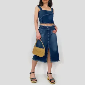 Y2K Frayed Denim Midi Skirt - 11