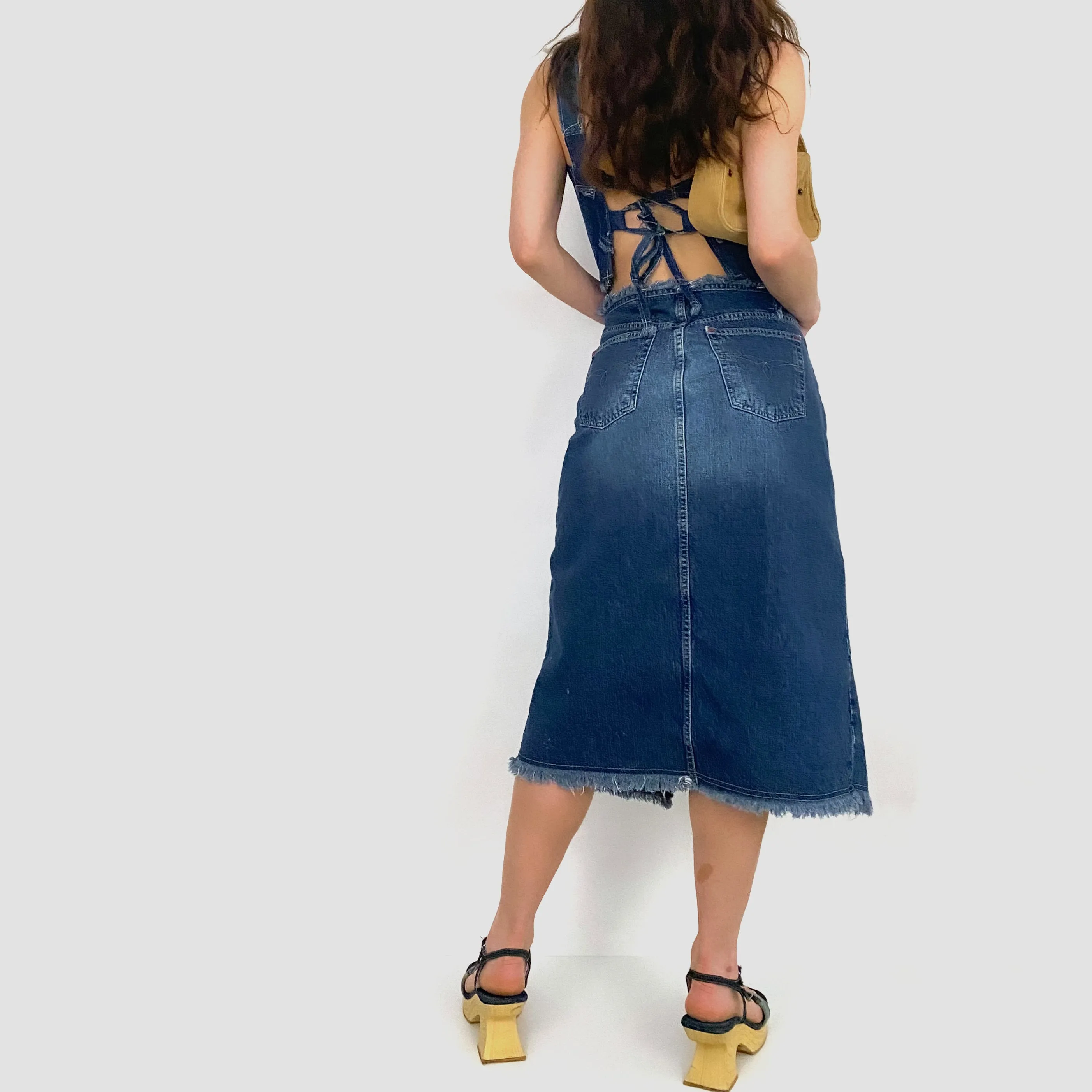 Y2K Frayed Denim Midi Skirt - 11