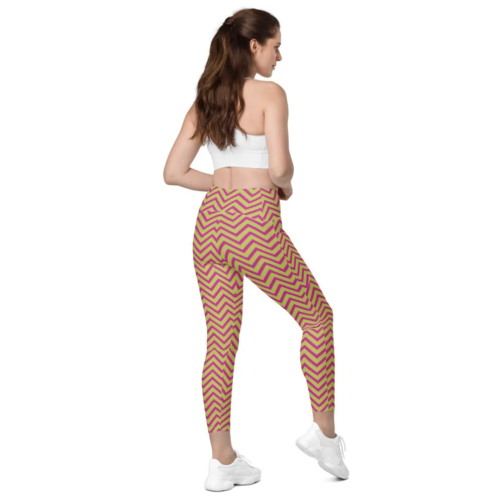 Yellow Pink Chevron Ladies' Tights, Best Designer Printed Crossover Leggings With 2 Side Pockets