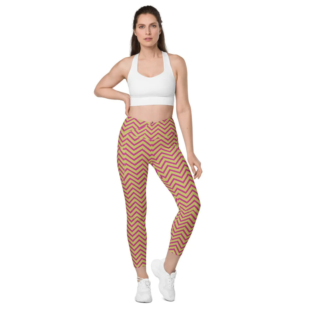 Yellow Pink Chevron Ladies' Tights, Best Designer Printed Crossover Leggings With 2 Side Pockets