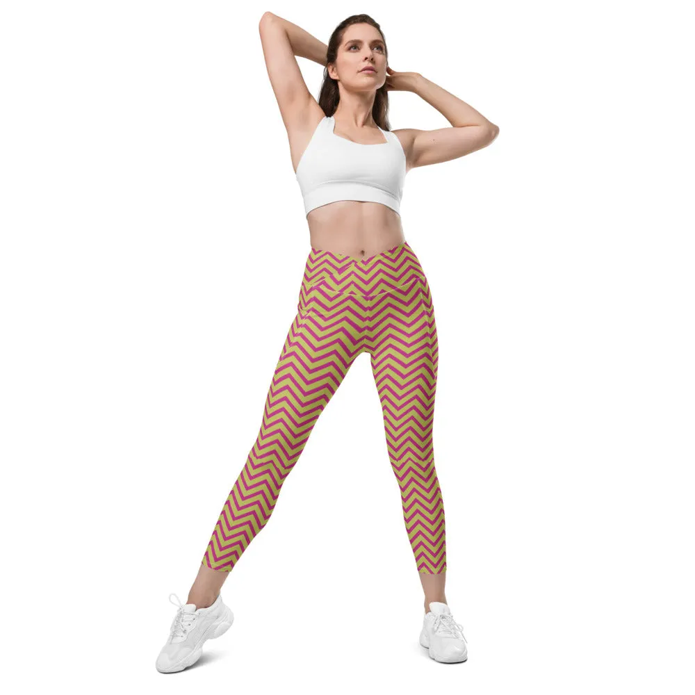 Yellow Pink Chevron Ladies' Tights, Best Designer Printed Crossover Leggings With 2 Side Pockets