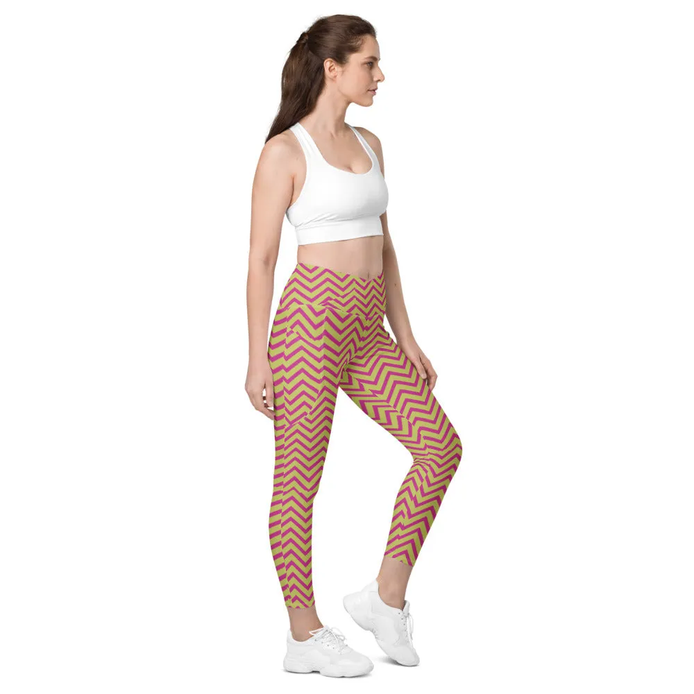 Yellow Pink Chevron Ladies' Tights, Best Designer Printed Crossover Leggings With 2 Side Pockets