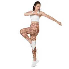 Yellow Pink Chevron Ladies' Tights, Best Designer Printed Crossover Leggings With 2 Side Pockets